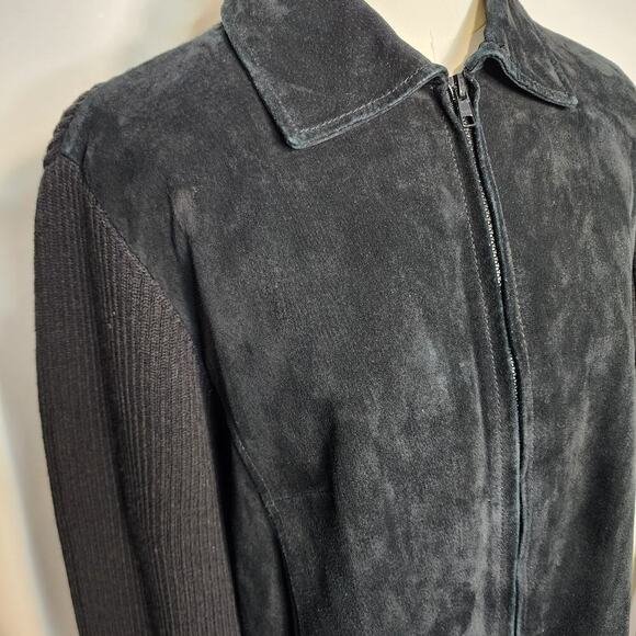 Y2k High Sierra Black Suede Leather Knitted Zip Up Collared Goth Jacket Sz XL - Picture 6 of 8